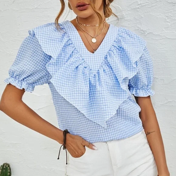 Boho Blue Gingham Puff Sleeve Blouse - Picture 3 of 4